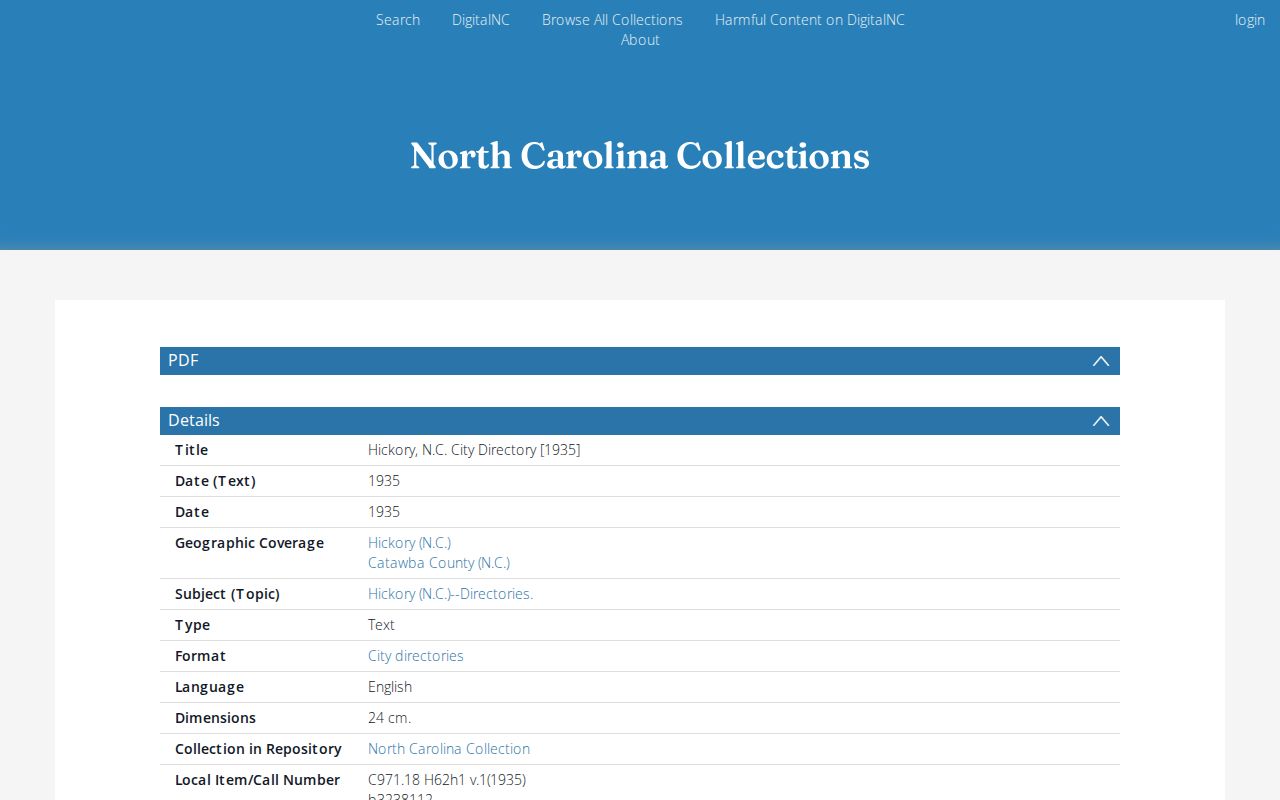 Hickory city directory record for the digitized 1935 volume