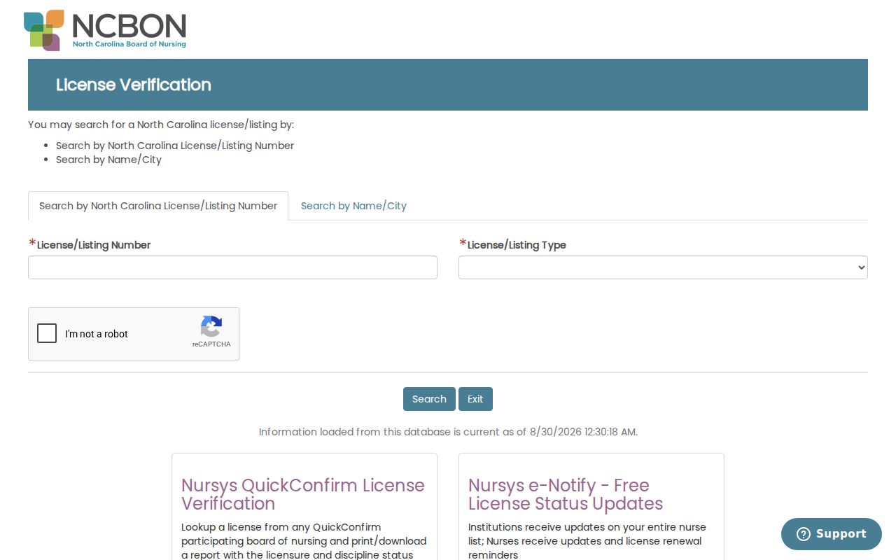 Hickory resident lookup North Carolina nursing license search fields